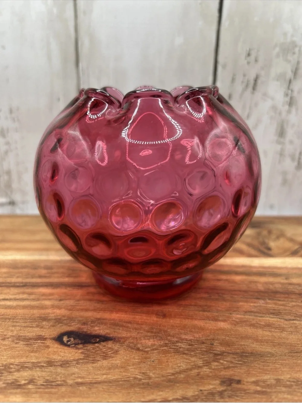 Vintage Fenton Ruby Red Coin Dot Rose Bowl Vase Ruffled Crimped Rim Unmarked